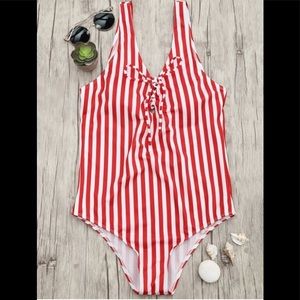 NWT Zaful Red White Striped One Piece Swim Small